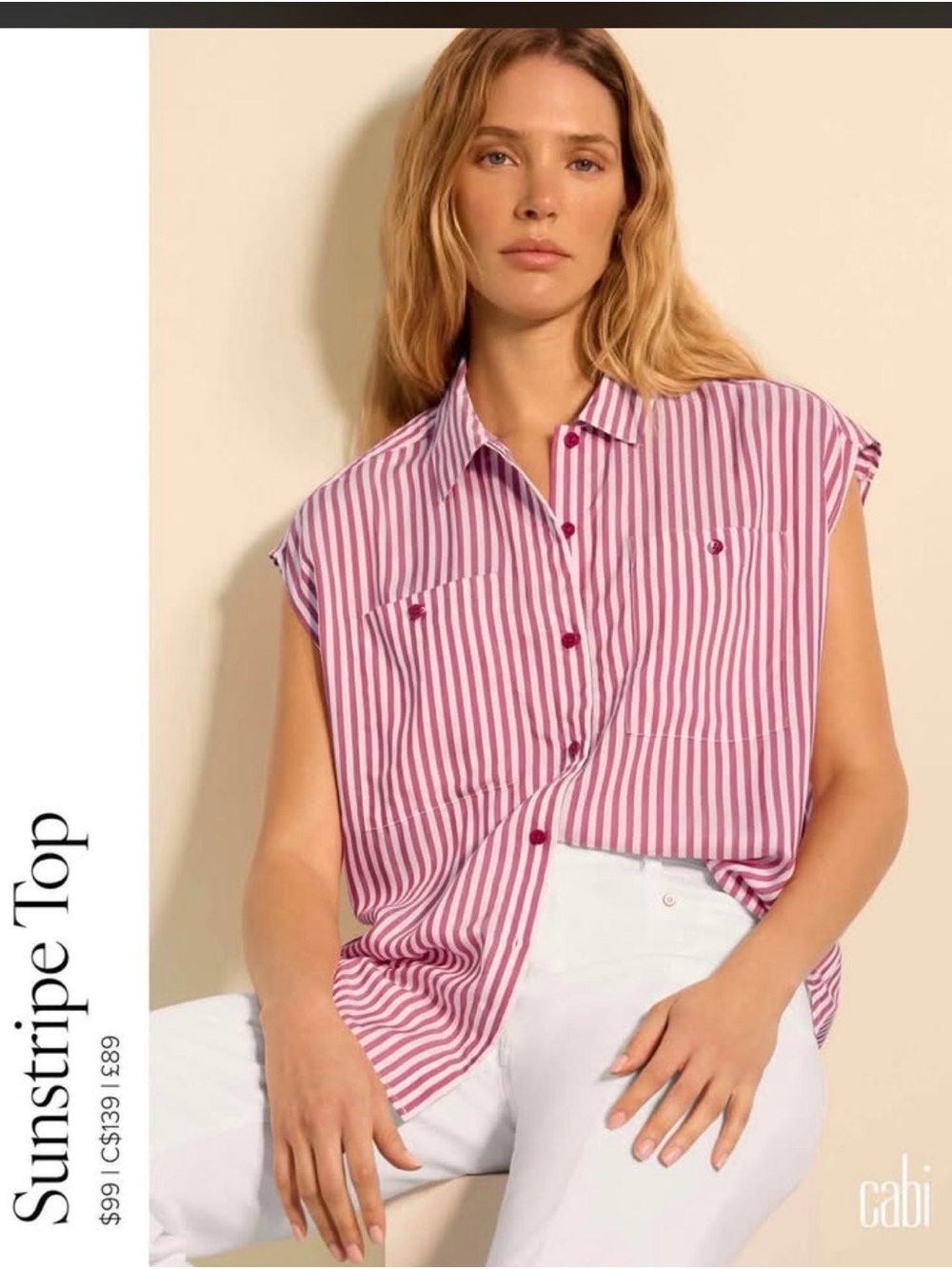 CAbi Pink and White Striped Button-Down Cap Sleeve Top